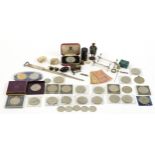 Objects and world coins including commemorative crowns, silver plated knife rests, hand painted lead