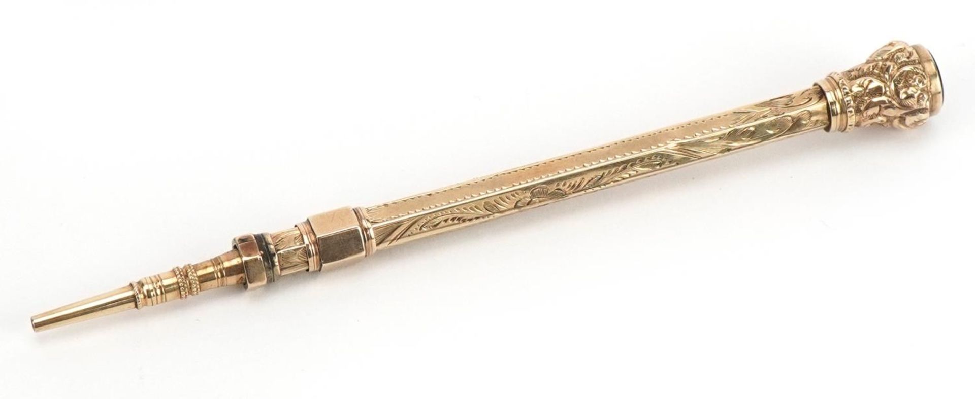 Victorian unmarked gold propelling pencil with bloodstone terminal, tests as 9ct gold, 9cm in