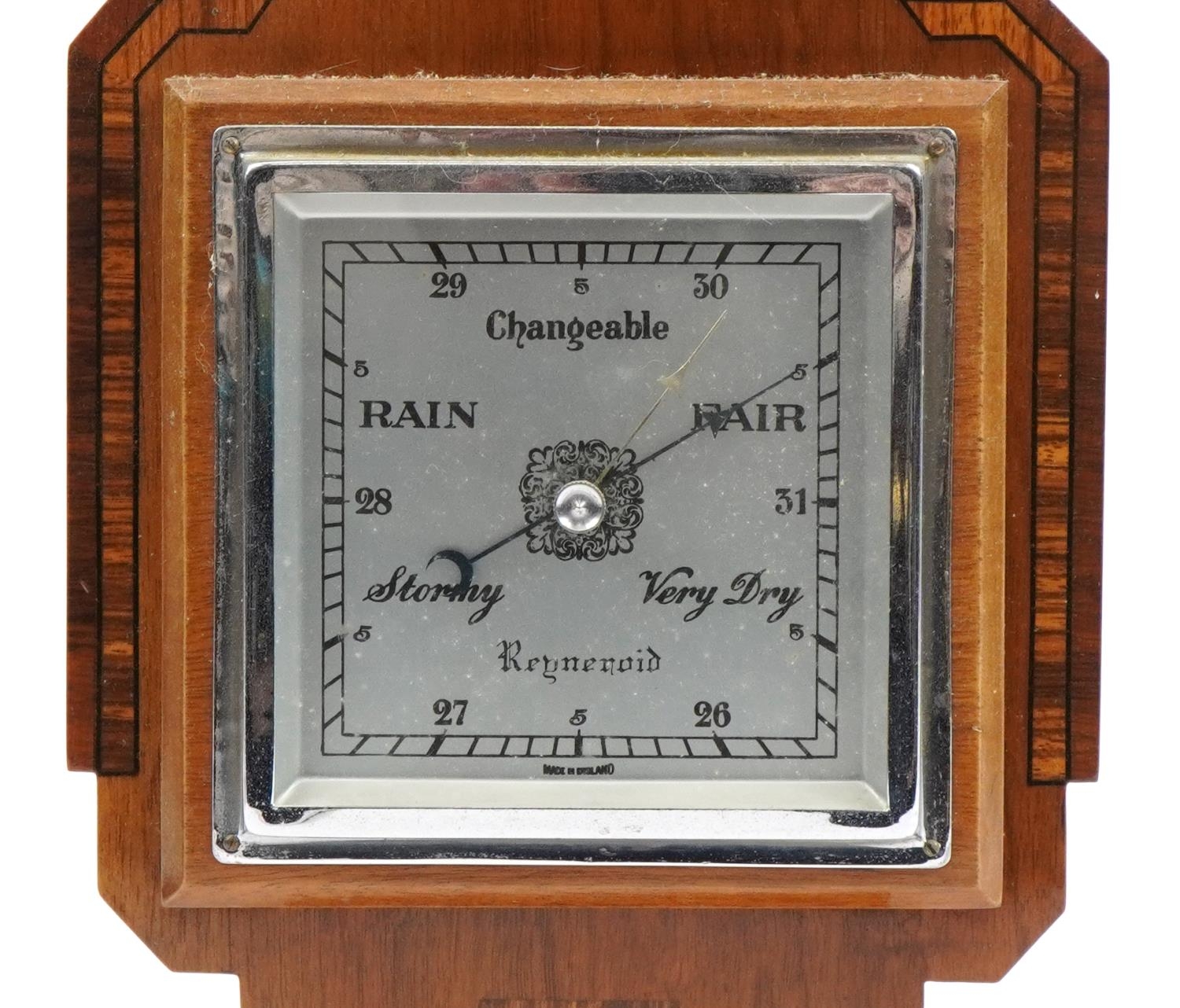 Art Deco inlaid walnut aneroid wall barometer with thermometer, 56.5cm high - Image 2 of 4