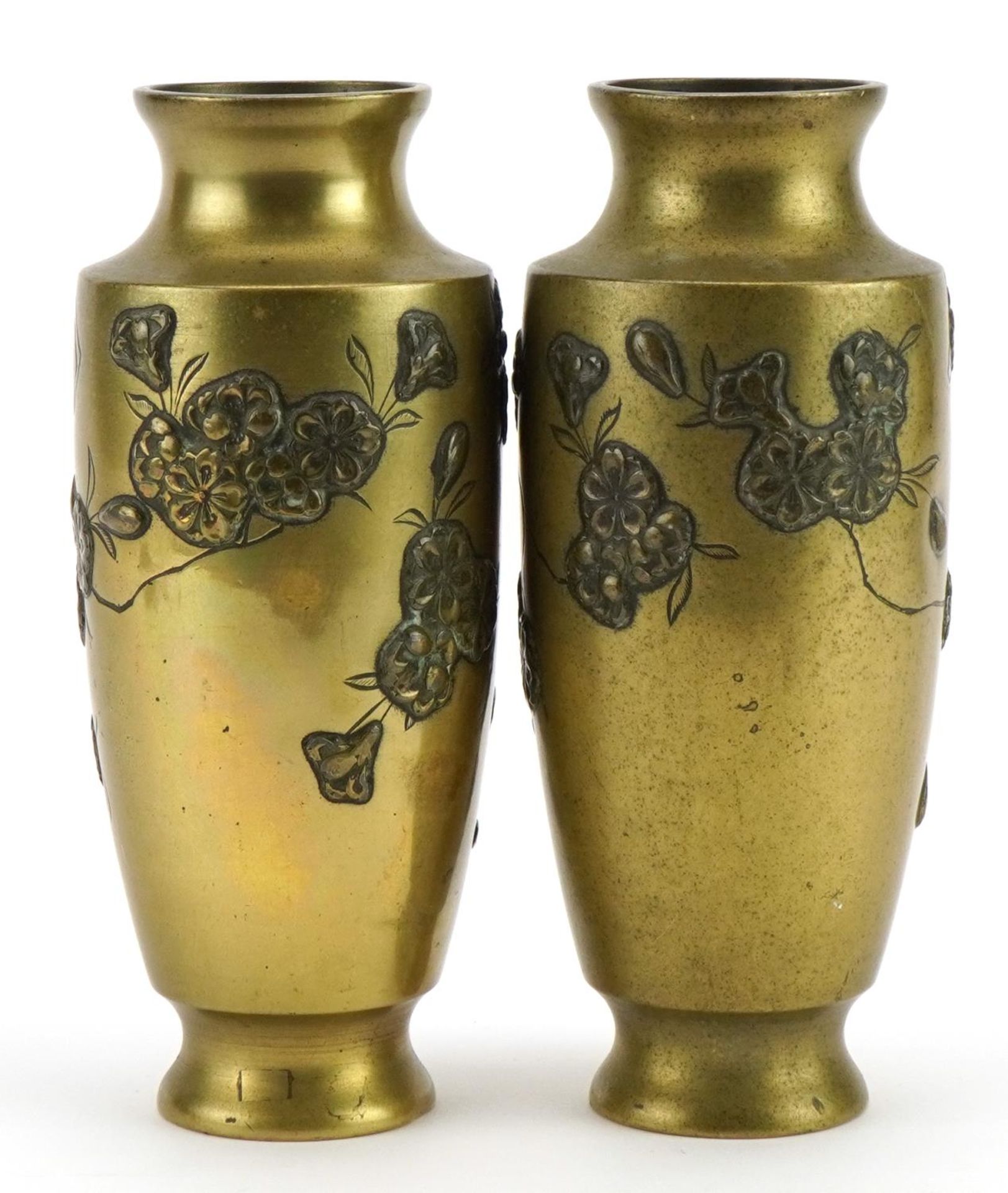 Pair of Japanese bronze vases decorated in relief with birds and flowers, 15cm high - Image 2 of 3