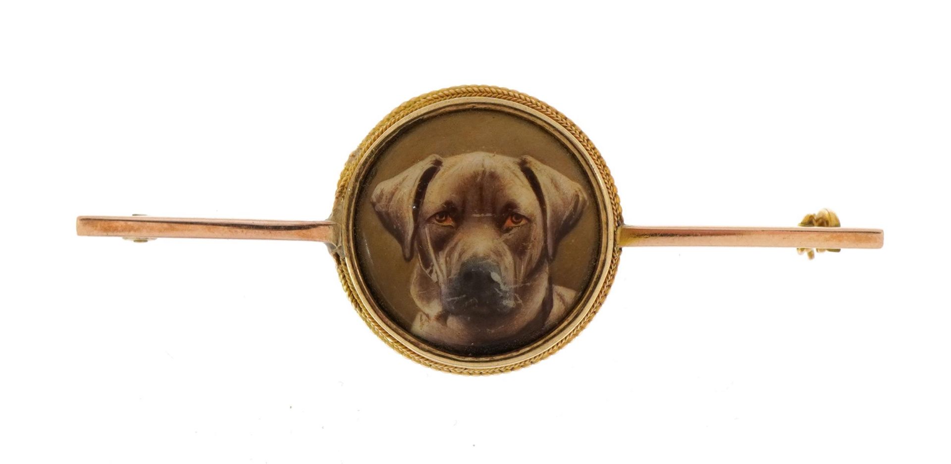 William Bishop Ford, Victorian unmarked gold enamel dog brooch inscribed W B Ford 1875 to the