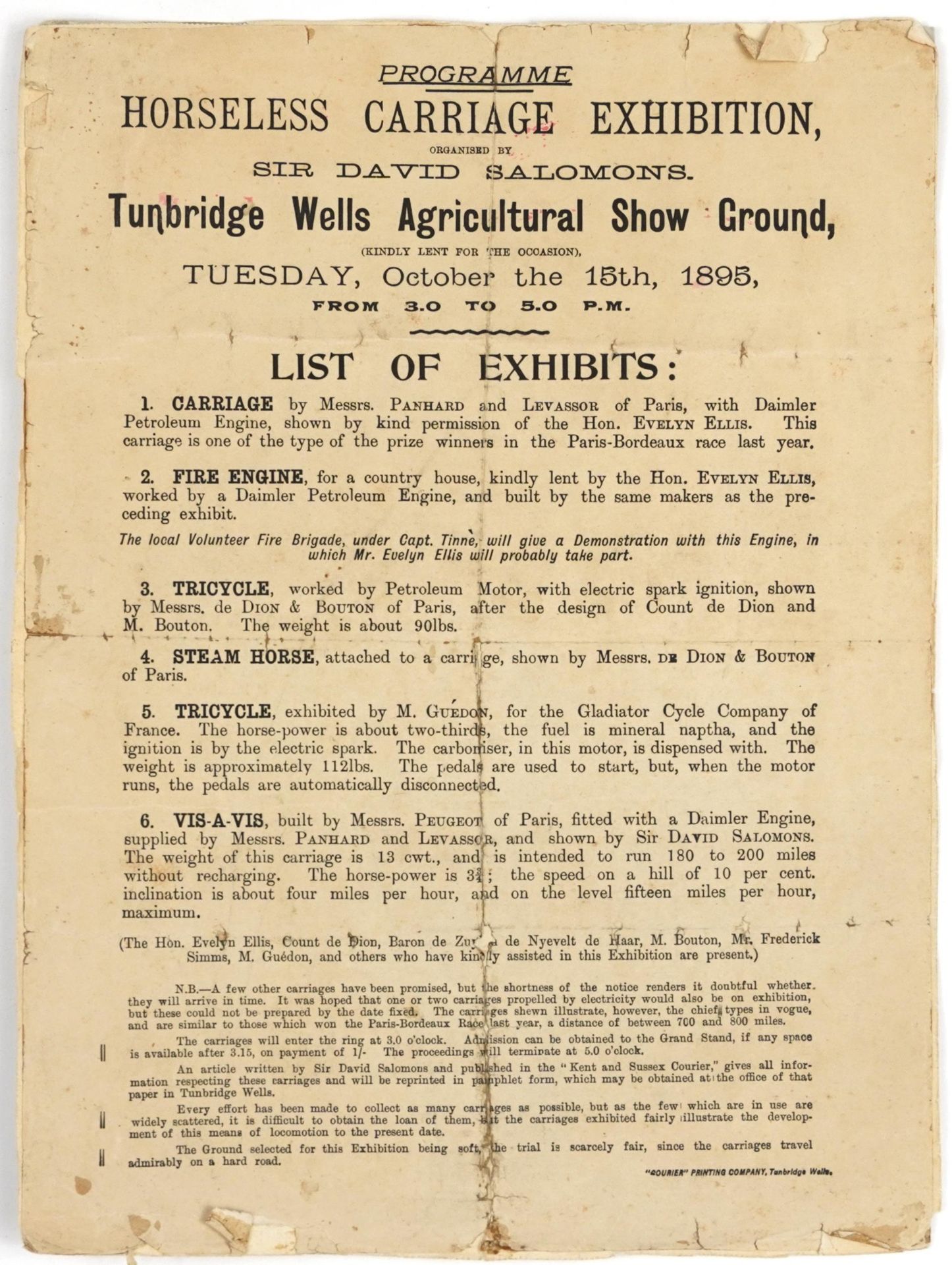 Victorian Horseless Carriage Exhibition programme, Tunbridge Wells Agricultural Showground,