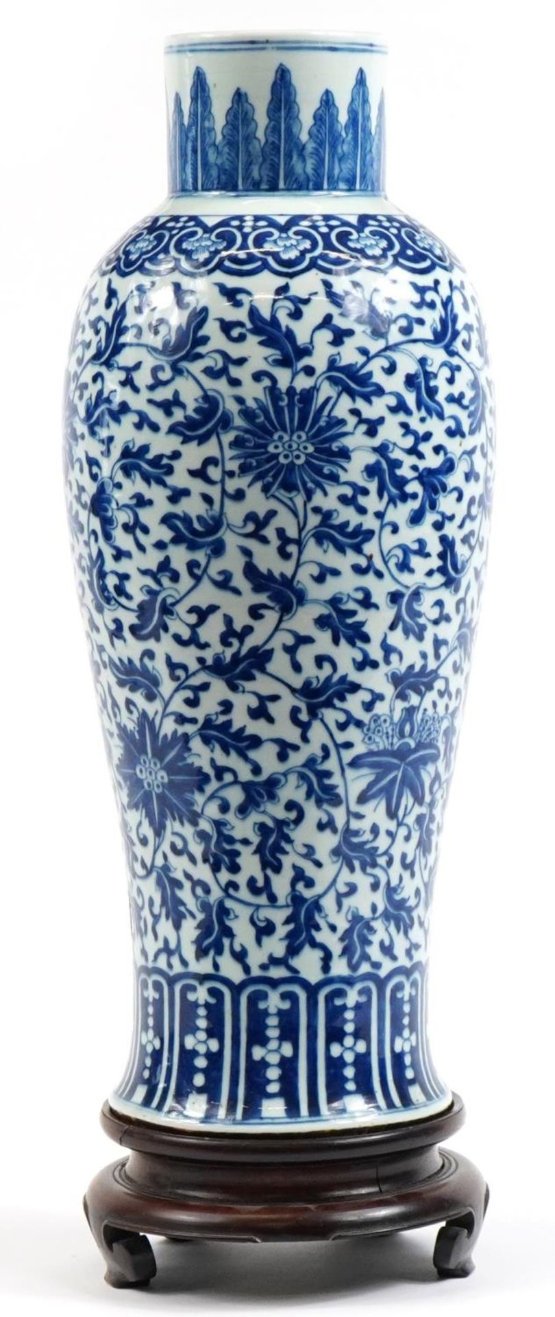 Chinese blue and white porcelain vase hand painted with flowers, raised on carved hardwood stand, - Image 2 of 3