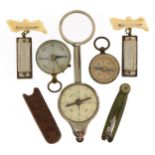 Compasses, miniature Hohner mouth organ and pair of leather cased folding brass sectors , the