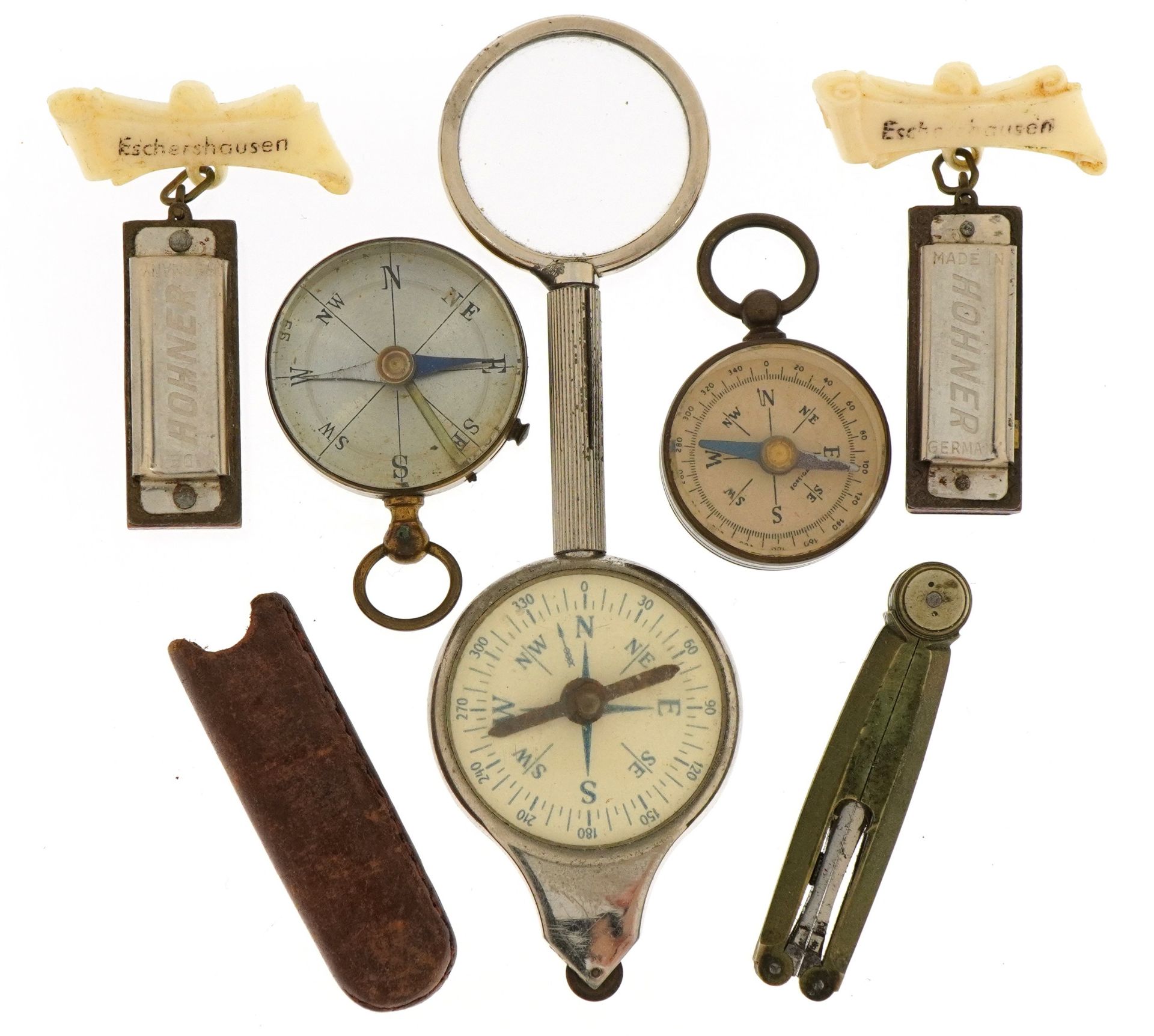 Compasses, miniature Hohner mouth organ and pair of leather cased folding brass sectors , the