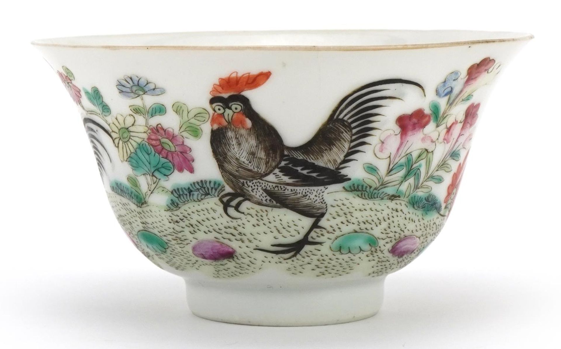 Chinese porcelain bowl hand painted in the famille rose palette with cockerels and flowers,