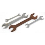 Chrome King Dick 11/8 spanner, Snail Brand spanner and two others, the largest 44cm in length