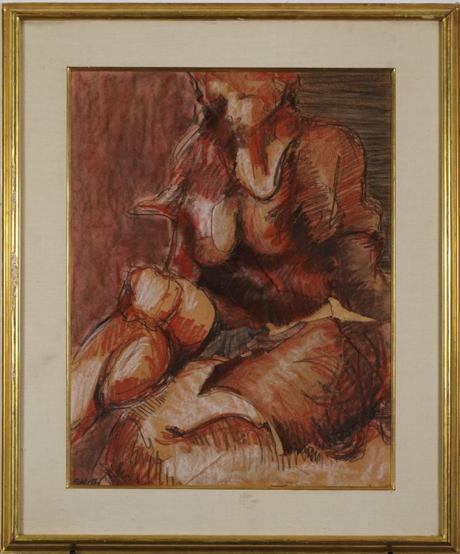 Abstract composition, seated female, mixed media, inscribed verso Distortion of Realism, mounted, - Image 2 of 6