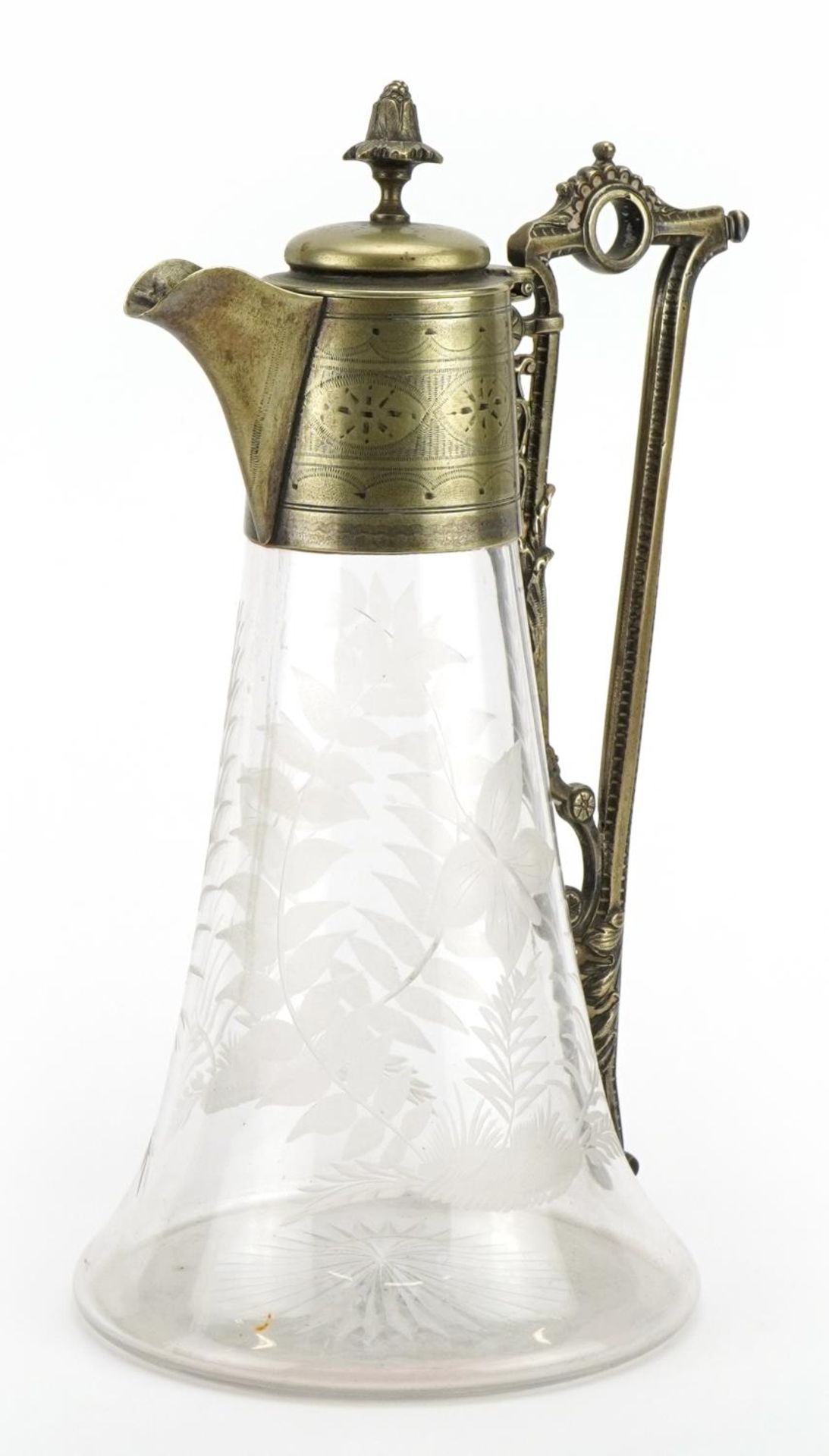 Edwardian glass claret jug with silver plated mounts etched with butterflies amongst ferns, 28cm