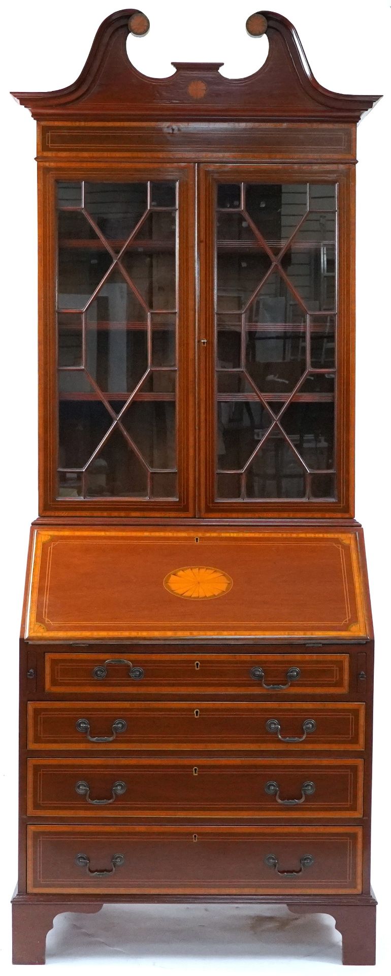 Inlaid mahogany bureau bookcase with fitted interior, 226cm H x 91cm W x 55cm D