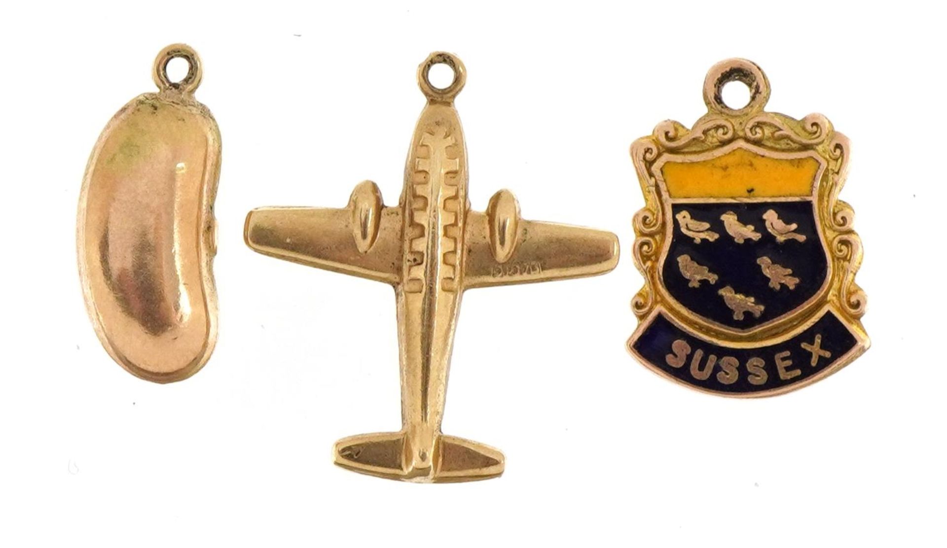 Three 9ct gold charms comprising aeroplane, bean and enamelled Sussex badge, the largest 2.0cm high,