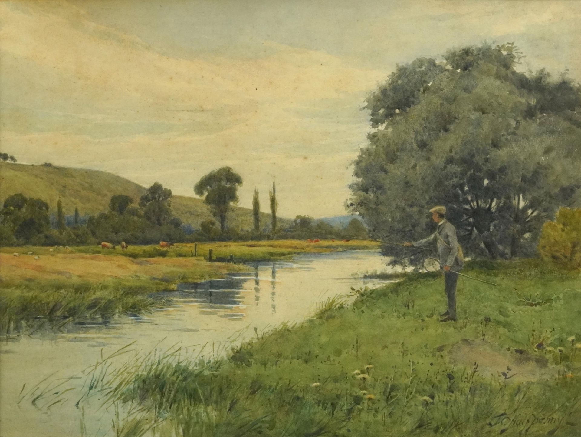 J C Halfpenny - Gentleman fly fishing beside a river, 19th century watercolour, framed and glazed,