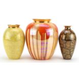Atkinson Jones, three contemporary lustreware vases including one having an orange dripping glaze,