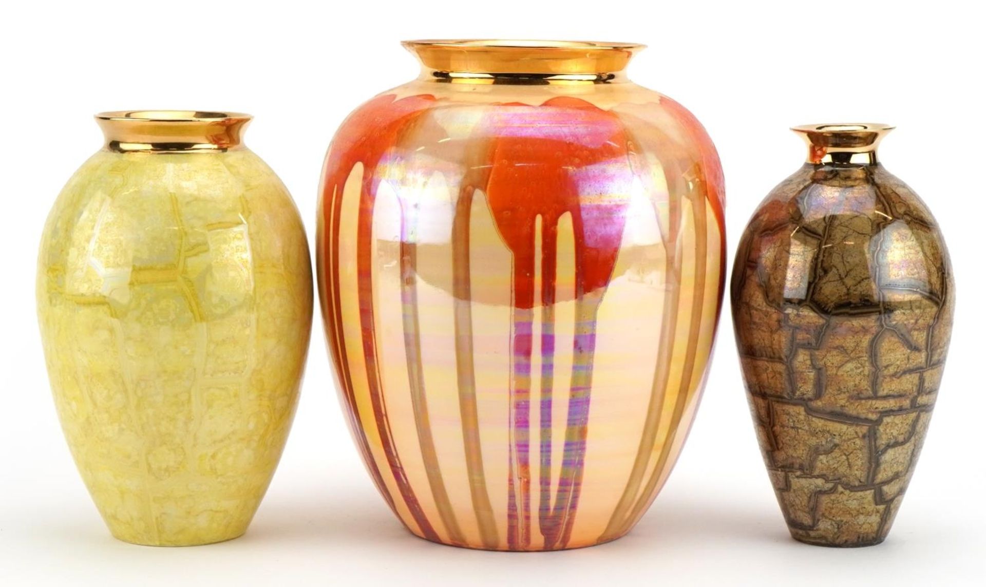 Atkinson Jones, three contemporary lustreware vases including one having an orange dripping glaze,