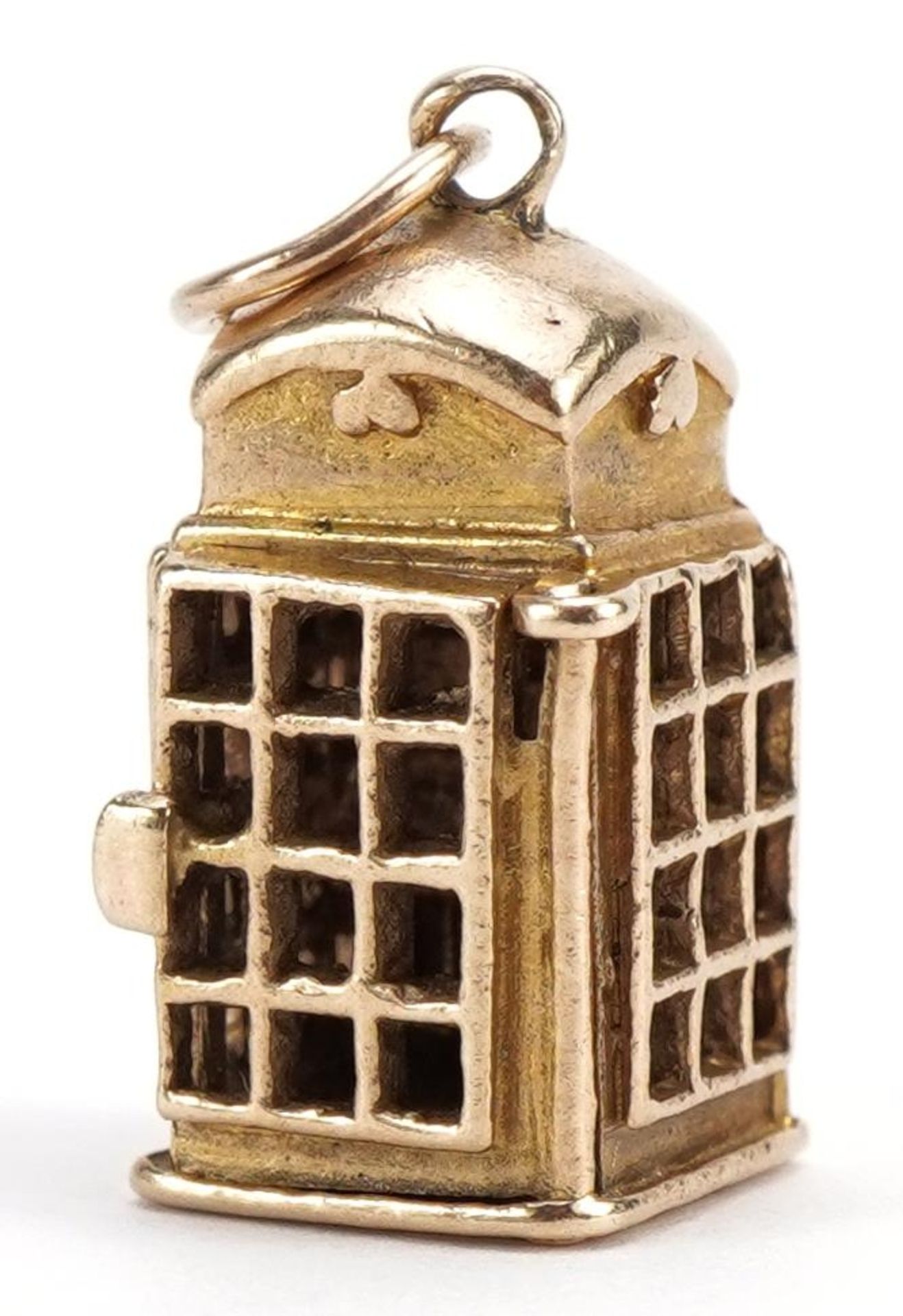 9ct gold telephone box charm with opening door, 1.5cm high, 2.3g