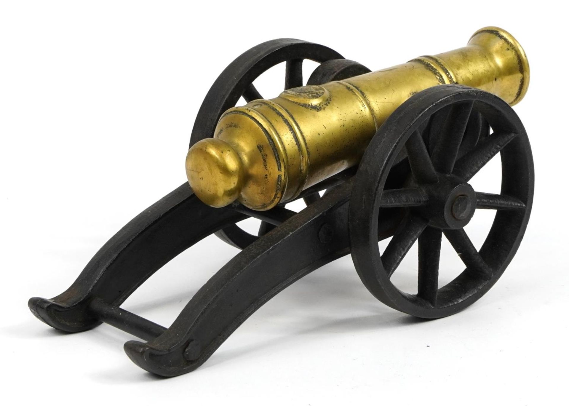 Gilt bronze and cast iron model table cannon, 33cm in length - Image 2 of 3