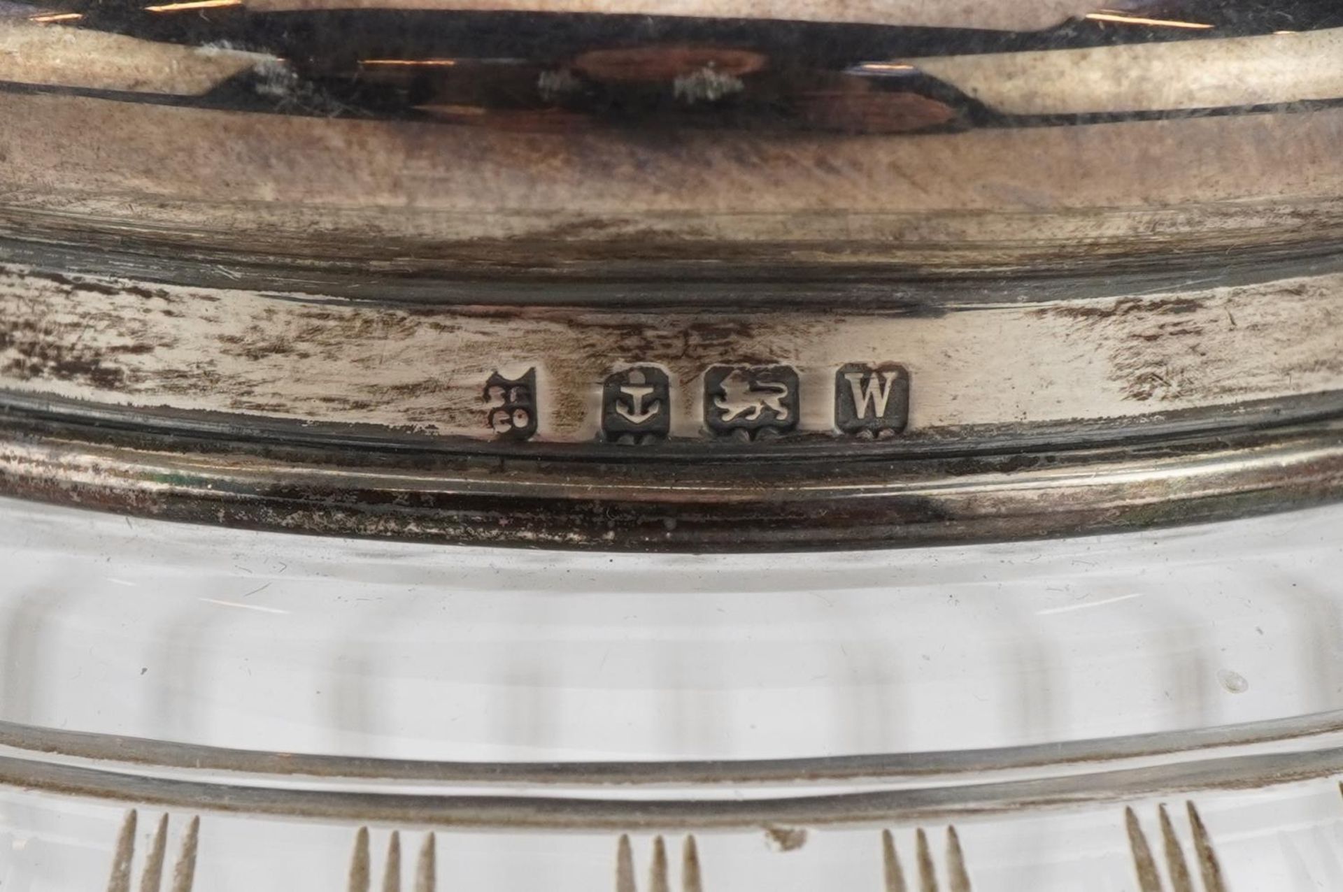 George V globular cut glass jar with silver and guilloche enamel lid, indistinct maker's mark - Image 3 of 5