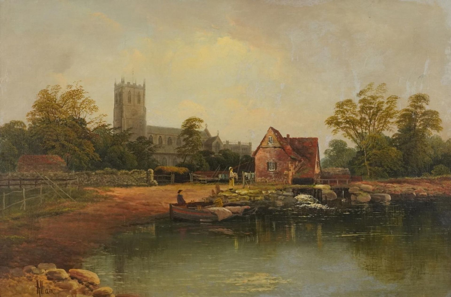 Richard Allam - Figures beside a lake before a cathedral, 19th century oil on canvas, applied plaque