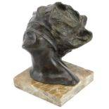 Patinated bronze bust of a blindfolded female raised on a square marble base, 14.5cm high