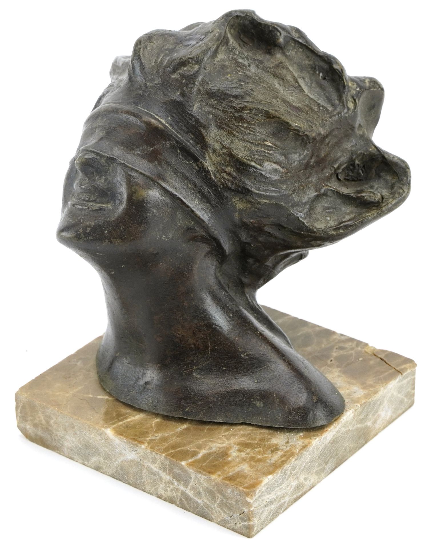 Patinated bronze bust of a blindfolded female raised on a square marble base, 14.5cm high