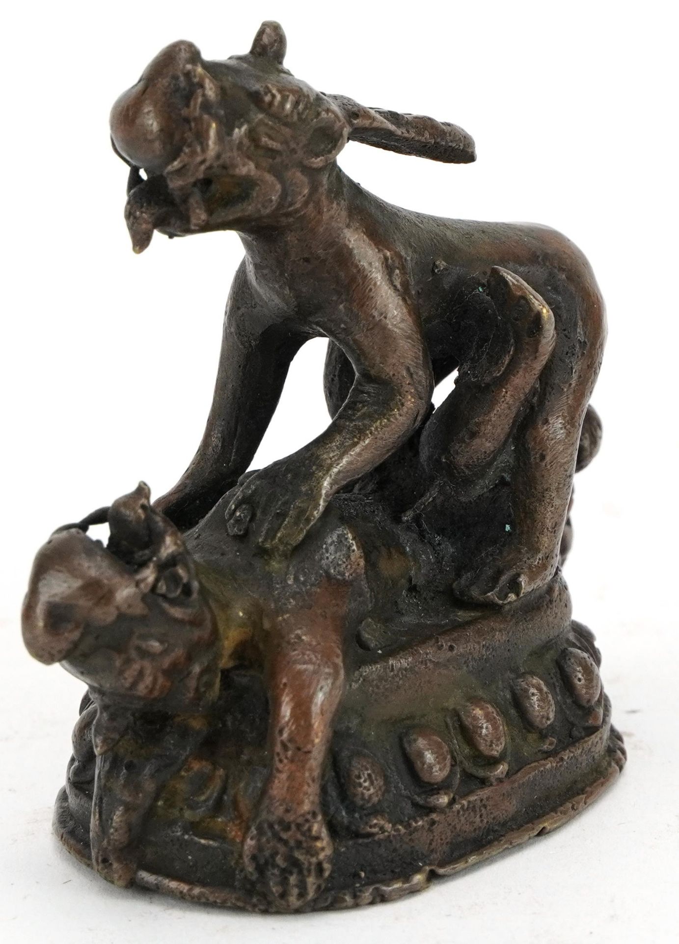 Chinese patinated bronze study of erotic mythical figures, 6.5cm high