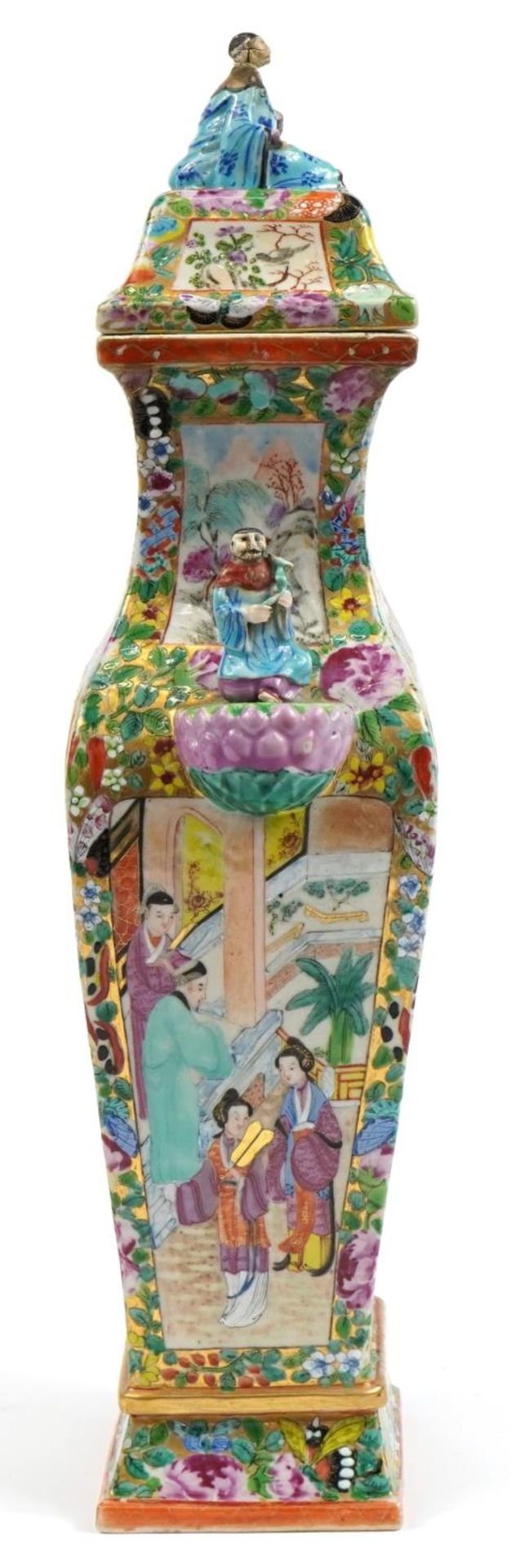 Chinese Canton porcelain vase and cover with twin handles, finely hand painted in the famille rose - Image 4 of 5