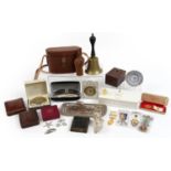 Sundry items including camera case, brass bell with ebonised handle, pair of silver plated candle