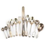 Georgian and later silver cutlery including caddy spoon, mustard spoons and teaspoons, the largest