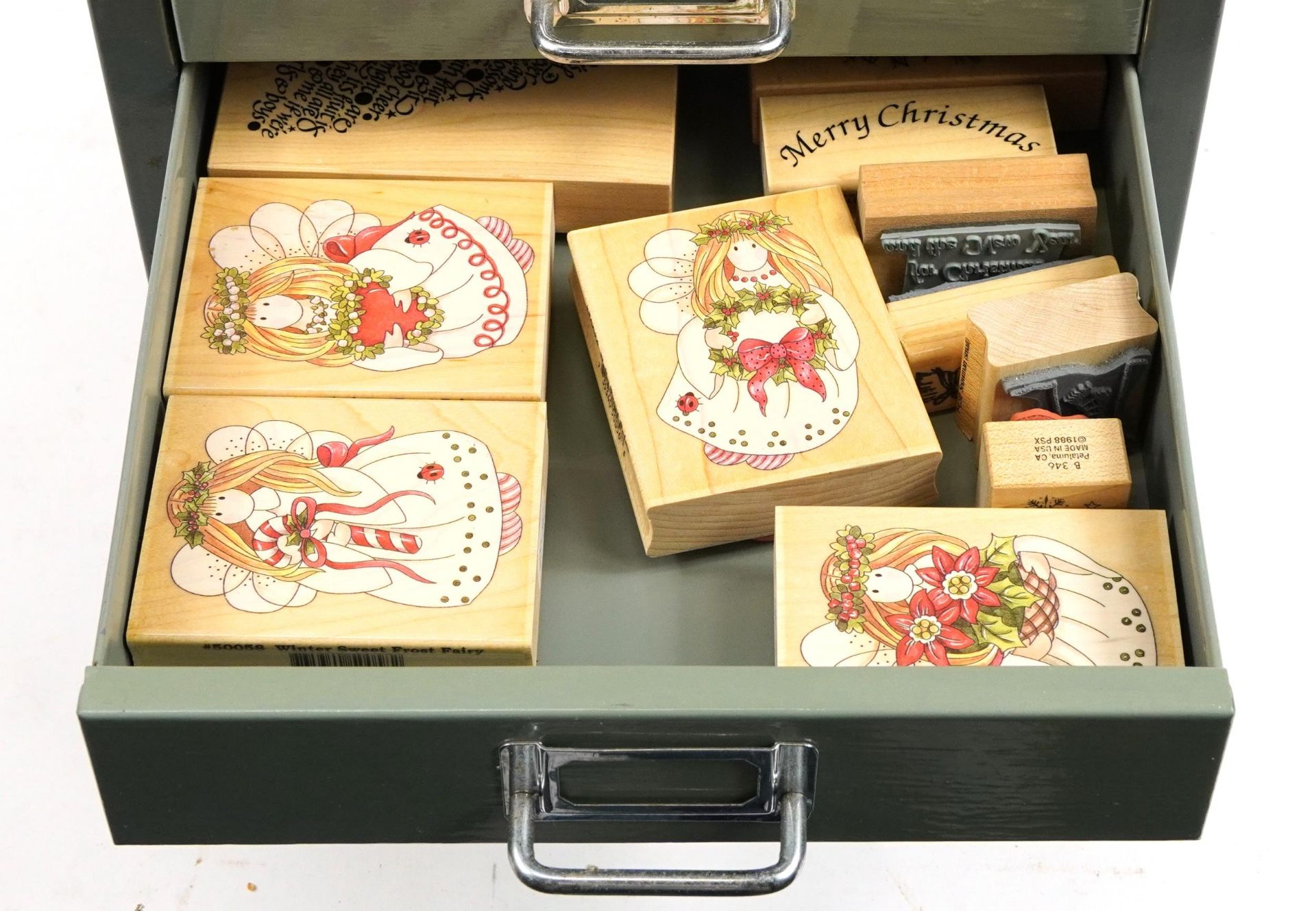 Large collection of wooden printing blocks and ink stamps housed in a Bisley ten drawer filing - Image 11 of 13