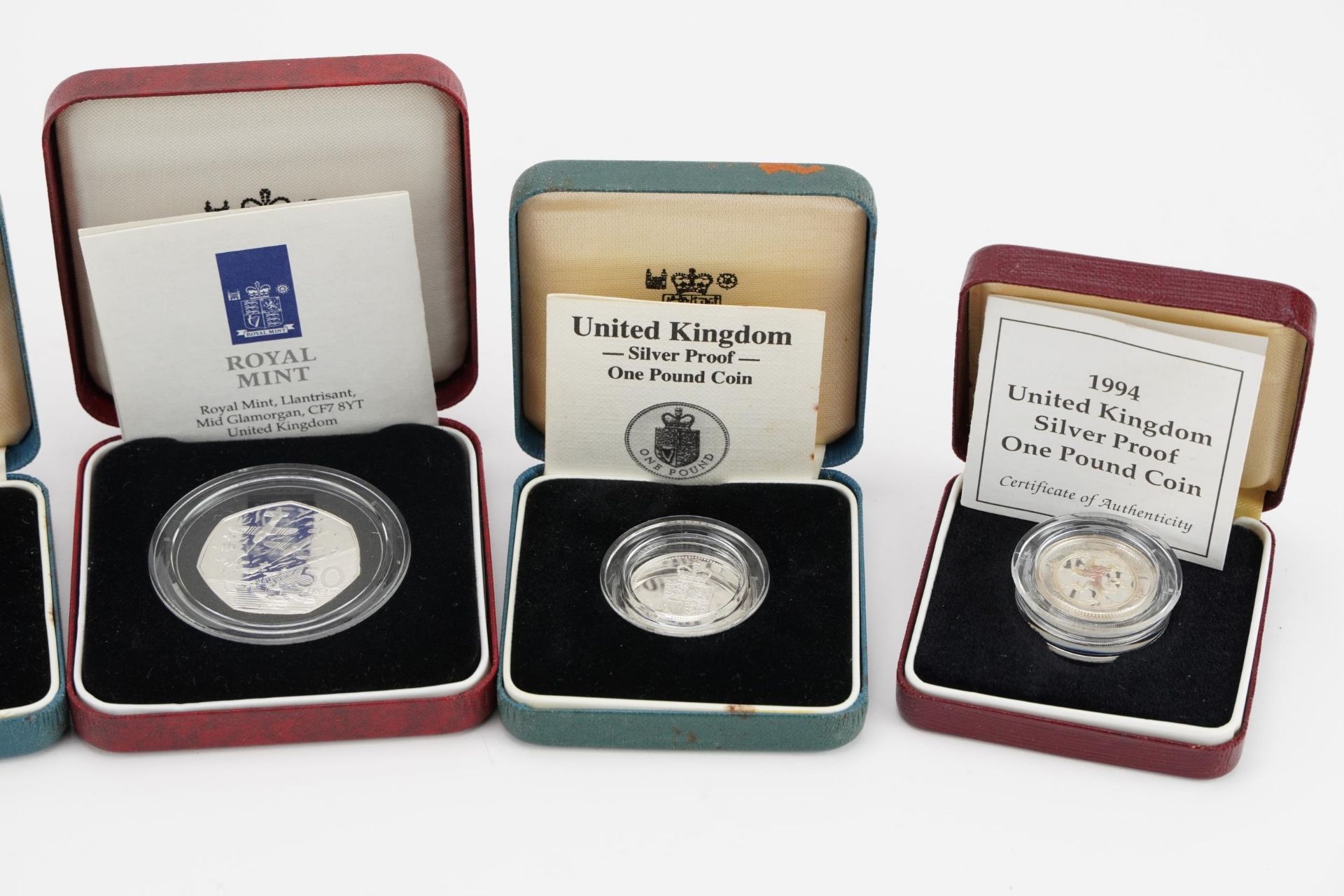 Six silver proof coins with fitted cases including D Day commemorative fifty pence coin and United - Image 3 of 4