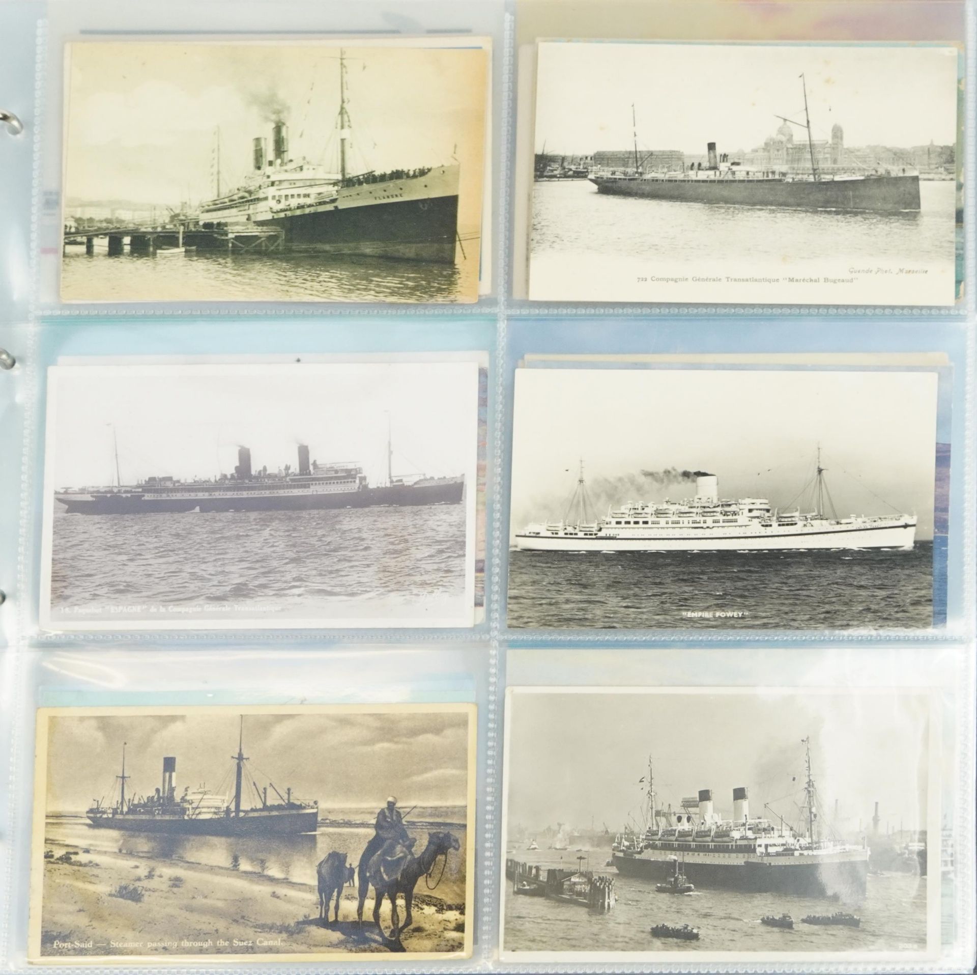Collection of shipping interest postcards arranged in an album