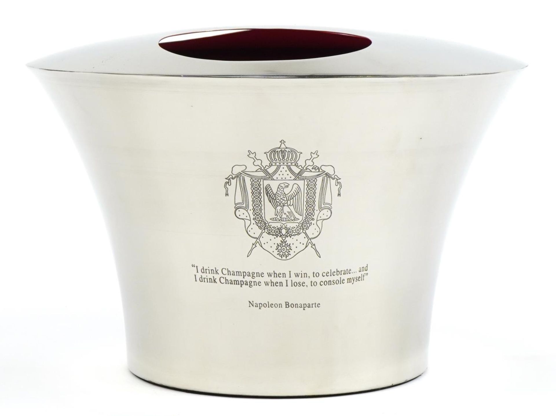 Three bottle Champagne ice bucket with Napoleon Bonaparte and Lily Bollinger mottos, 58cm high x