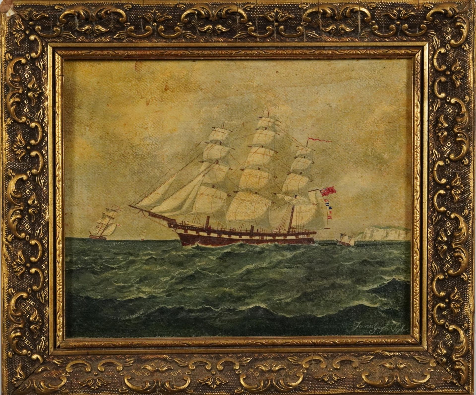 Blue Jacket clearing Dover, 19th century maritime interest oil on canvas, indistinctly signed, - Image 2 of 5