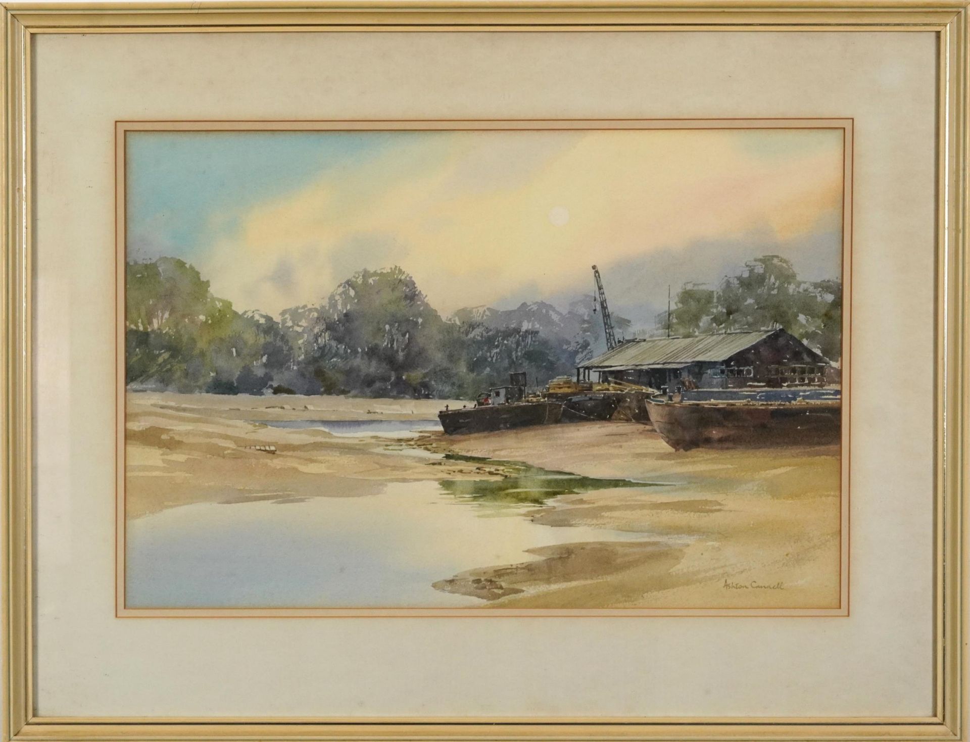 Ashton Cannell - Brentford Creek, watercolour, The Wapping Group of Artists label verso, mounted, - Image 2 of 5