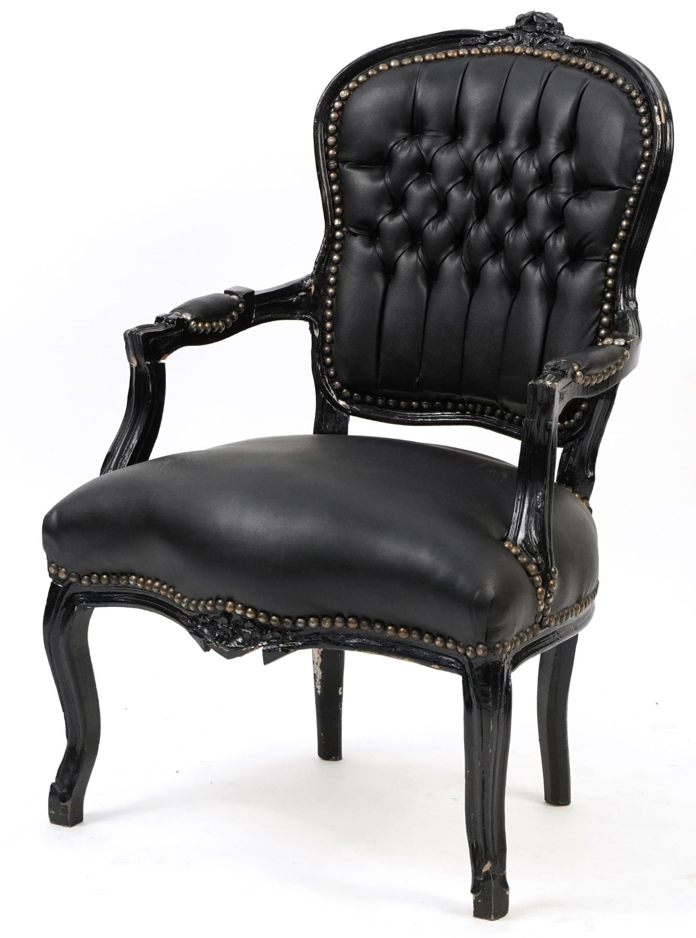 French style black painted elbow chair with black faux leather button back upholstery, 92cm high