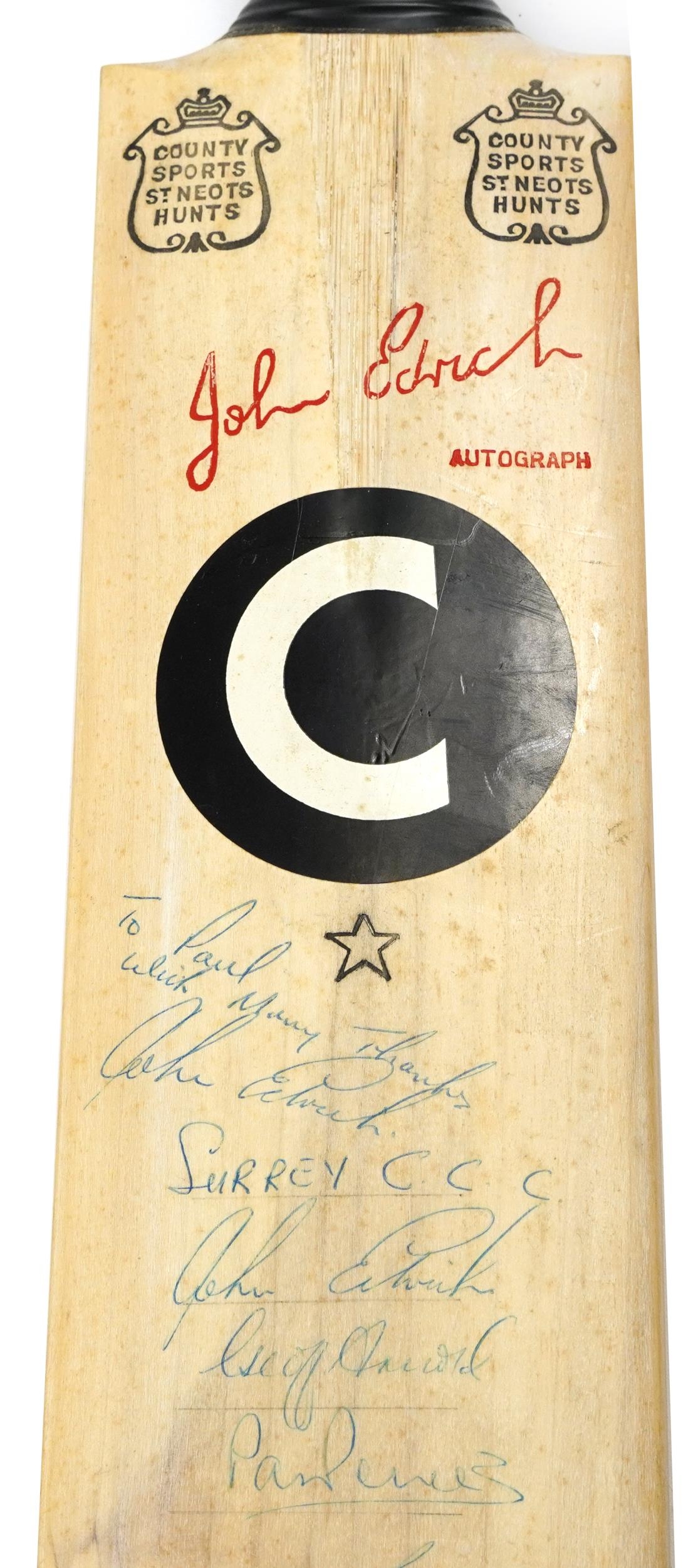 Wooden John Edrich autograph cricket bat signed with Surrey Cricket Club signatures, 86cm in length - Image 2 of 4