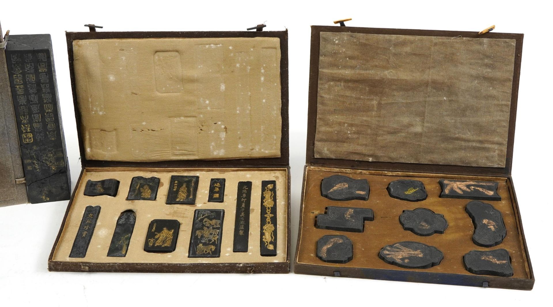 Collection of Chinese ink stones arranged in boxes gilded with animals, figures and calligraphy, the - Image 3 of 3