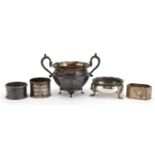 Victorian and later silver objects comprising open salt with three lion mask and paw feet, three