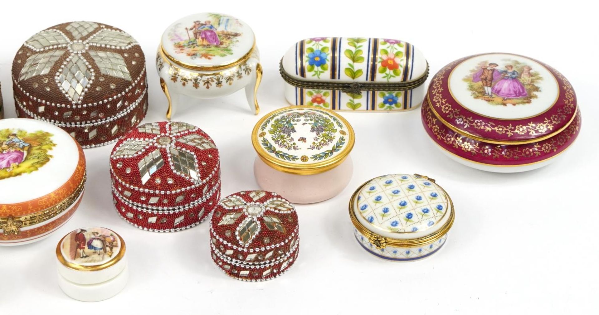 Collection of trinket boxes, some porcelain, some enamelled and some jewelled, the largest 8.5cm - Image 3 of 3