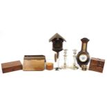 Sundry items including a carved Black Forest cuckoo clock, pair of silver plated candlesticks and an