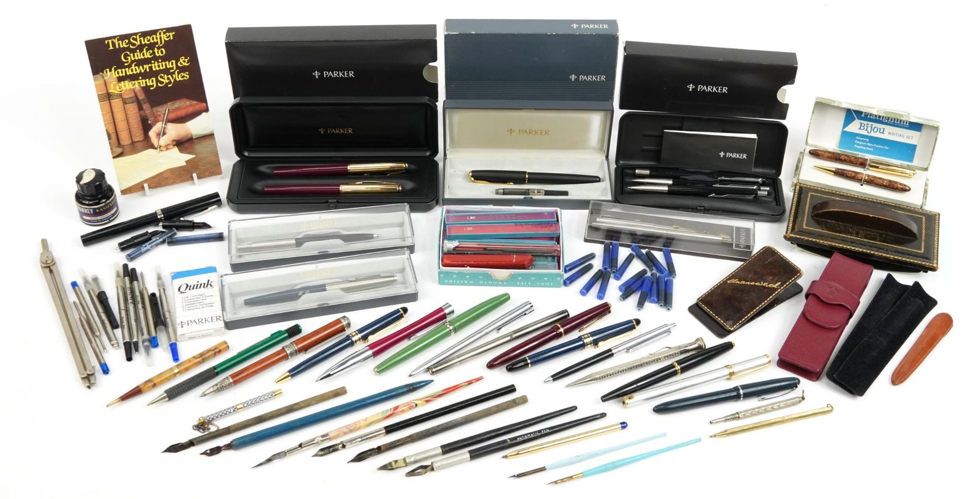 Collection of vintage and later pens and drawing apparatus including Parker 51 fountain pen with
