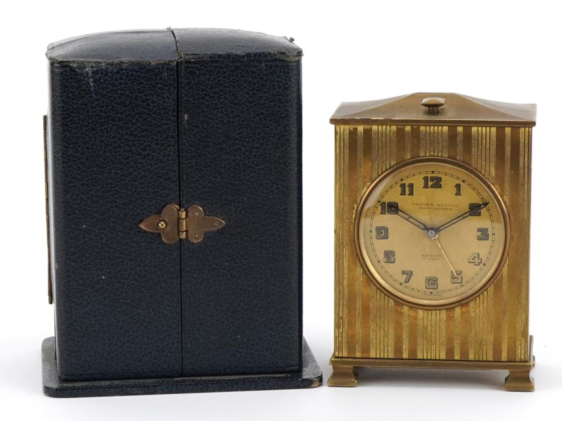 Zenith, Art Deco brass cased travel alarm clock with velvet lined case, the clock retailed by Arnold