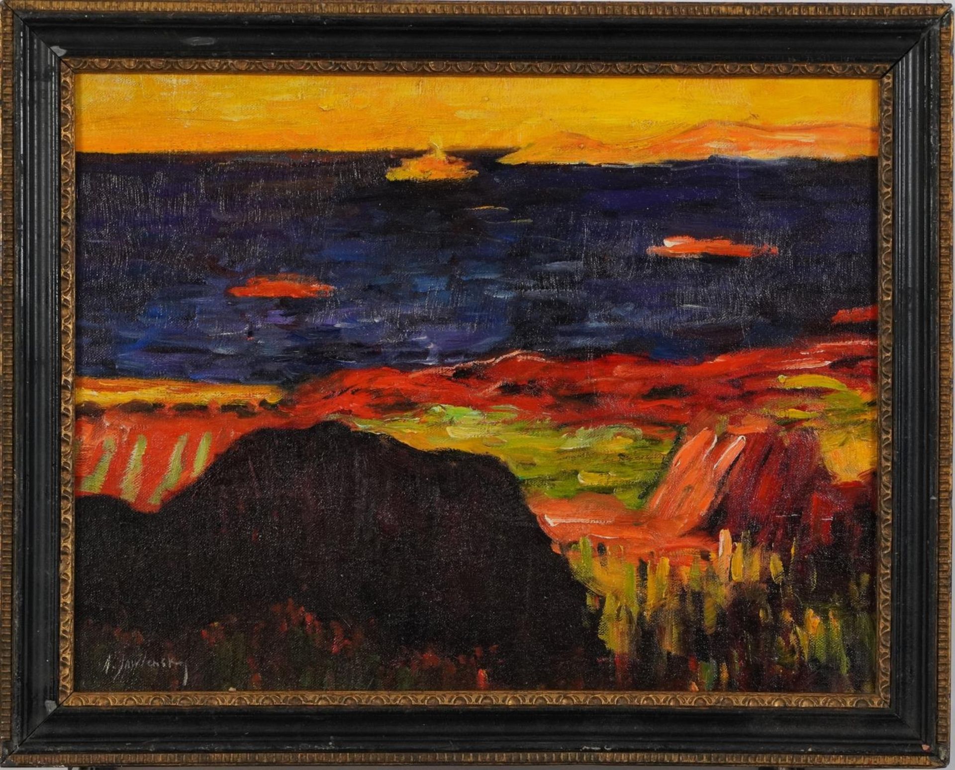 Manner of Alexej von Jawlensky - Coastal landscape, Expressionist oil on board, mounted and - Image 2 of 5