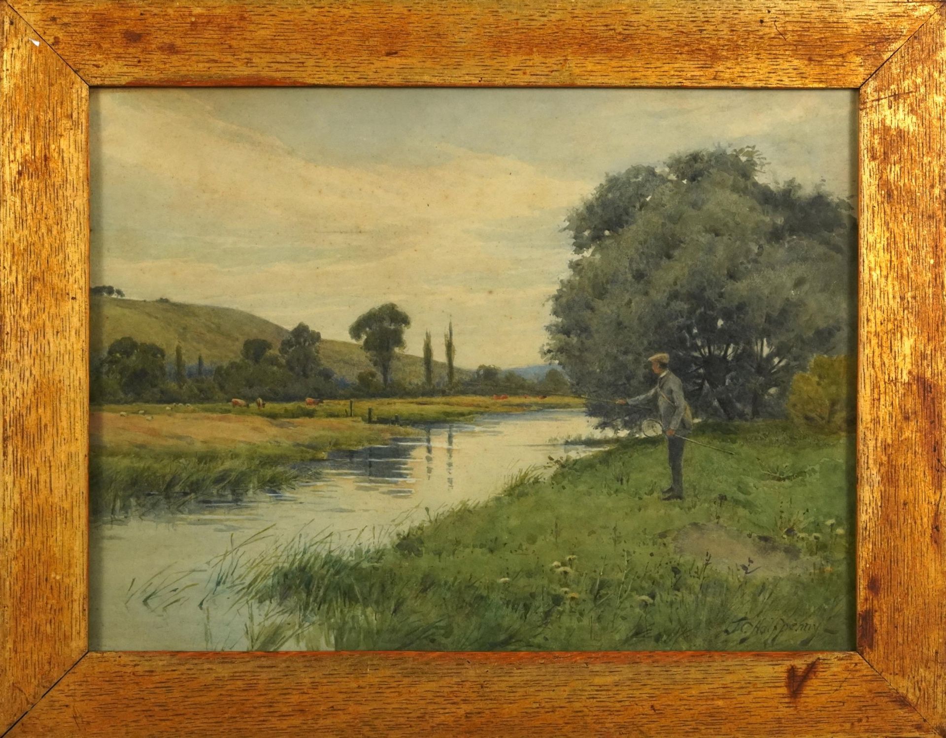J C Halfpenny - Gentleman fly fishing beside a river, 19th century watercolour, framed and glazed, - Image 2 of 4