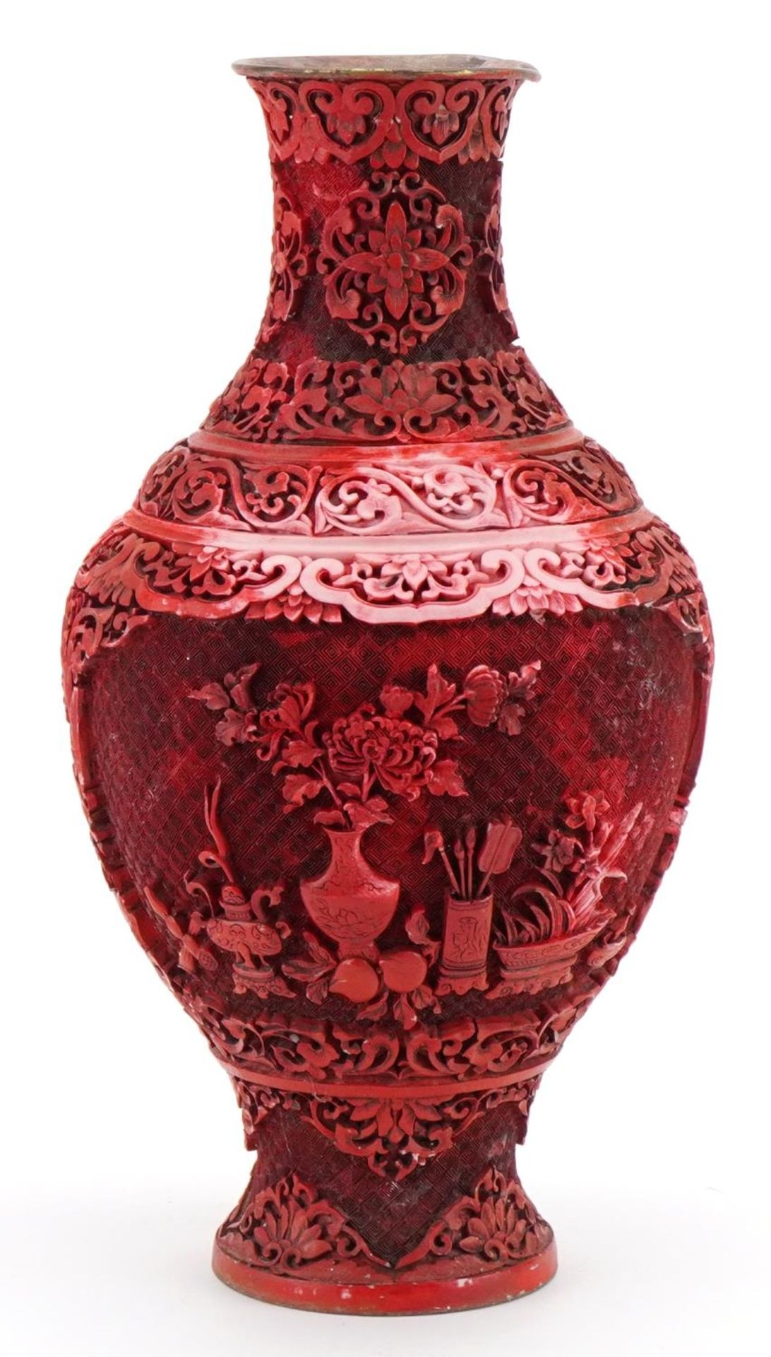 Chinese cinnabar lacquer vase carved with lucky objects and flowers, 37.5cm high