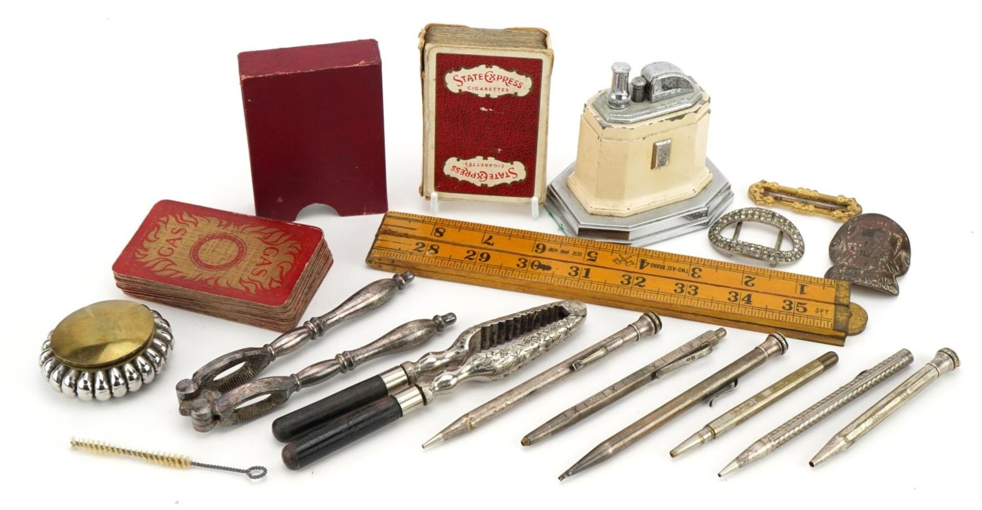 Objects and sundry items including an Art Deco enamelled table lighter, propelling pencils and