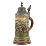 German musical beer stein with pewter mounts, 25.5cm high