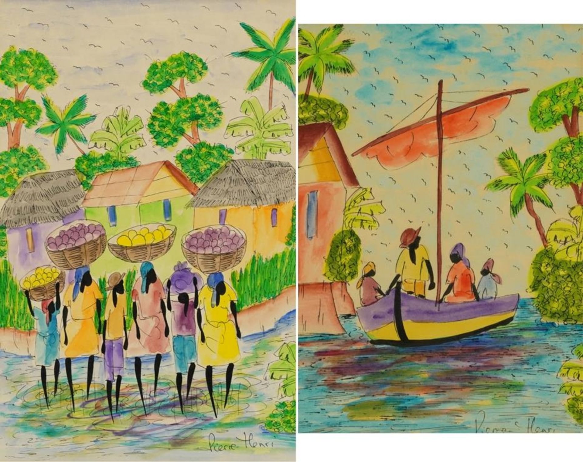 Figures carrying fruit and figures in a boat, pair of African school ink and watercolours, one