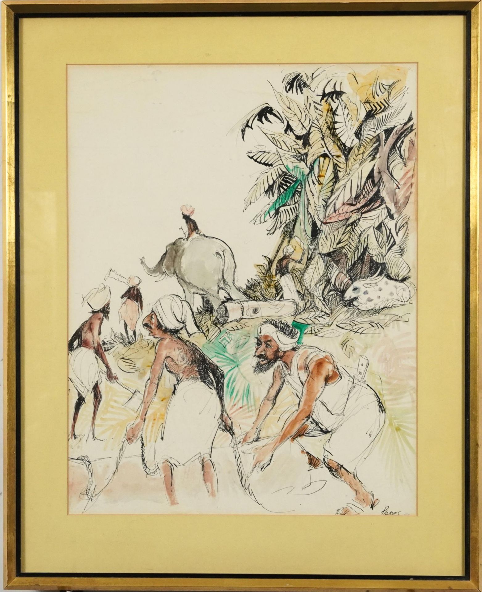 Figures clearing trees before an elephant, Middle Eastern ink and watercolour, Penns Gallery label - Image 2 of 5