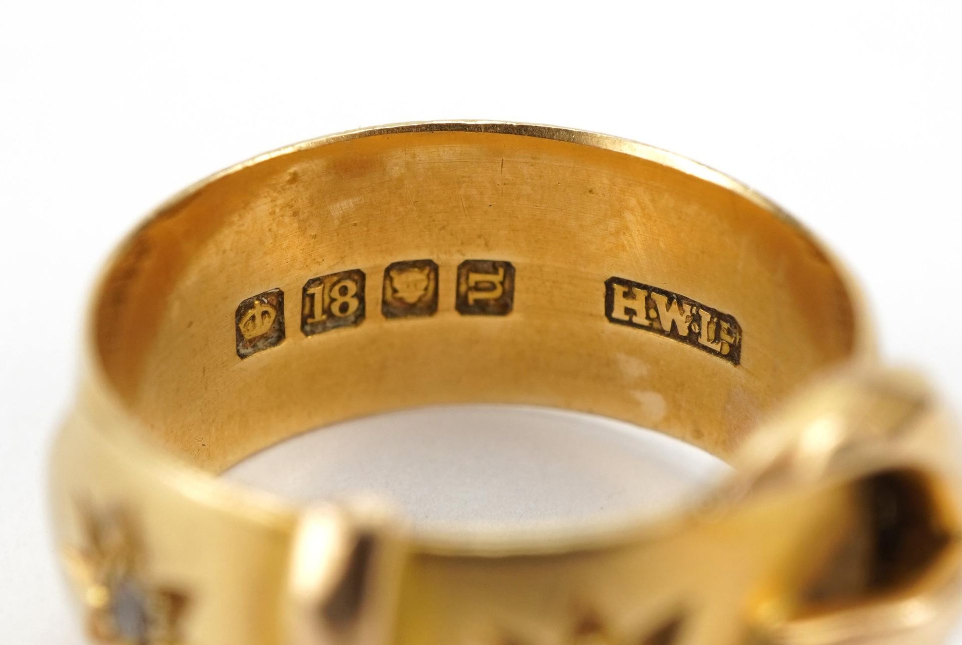 Edwardian 18ct gold buckle ring set with a diamond, London 1908, size J/K, 6.2g - Image 3 of 3